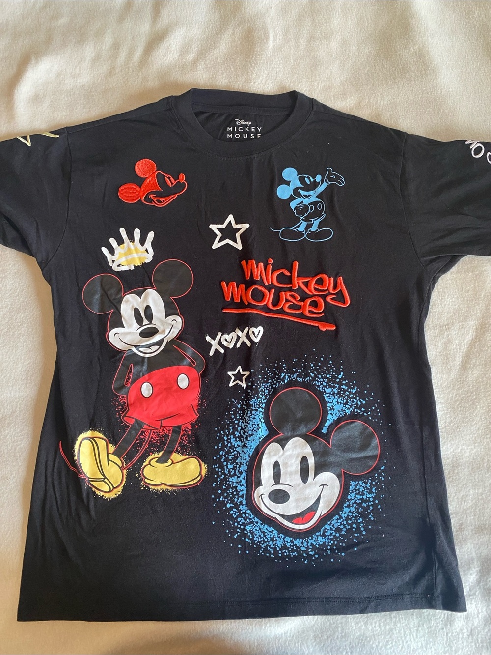 Disney Black Mickey Mouse Graphic Tee with Red, Yellow & Blue Accents
